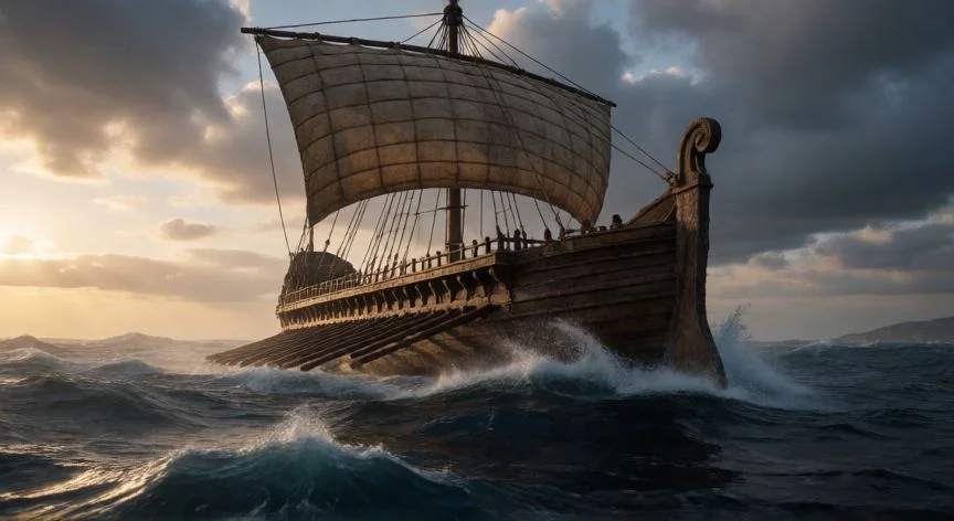 diferencia entre odiseo y ulises, Barco griego antiguo navegando en mar abierto durante la aventura de Ulises