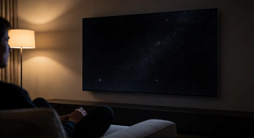 Televisor OLED en salón nocturno mostrando escena espacial con negros puros