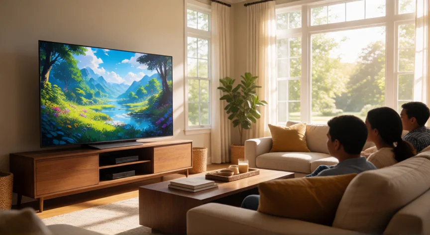 diferencia entre oled y qled, QLED en salón luminoso mostrando documental de naturaleza con colores vibrantes