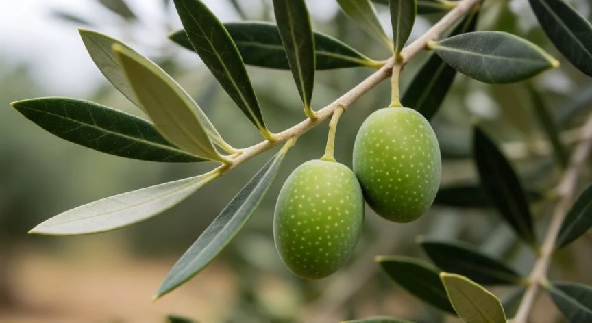 Rama de olivo con aceitunas verdes en su estado natural