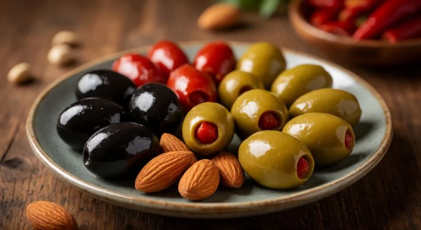 diferencia entre oliva y aceituna, Plato de aceitunas variadas conservadas listas para el consumo