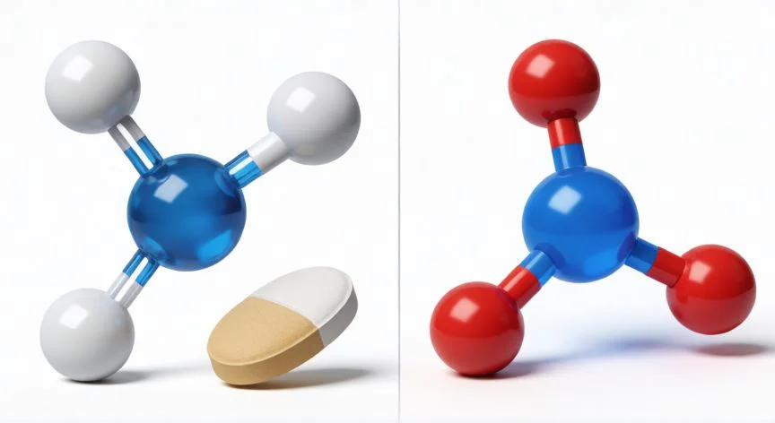 diferencia entre omeprazol y esomeprazol, Estructura molecular comparativa entre omeprazol y esomeprazol en fondo blanco