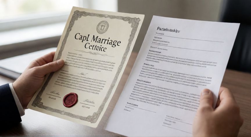 Documentos de matrimonio y pareja de hecho en manos de una persona