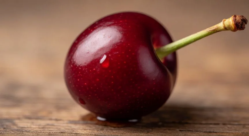 Detalle de una picota roja oscura sobre madera