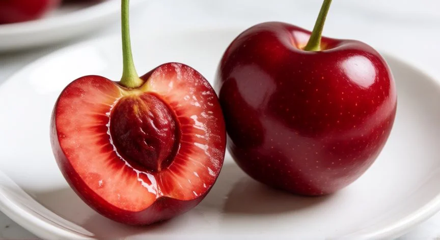 diferencia entre picota y cereza, Cereza dulce grande cortada en dos sobre plato blanco
