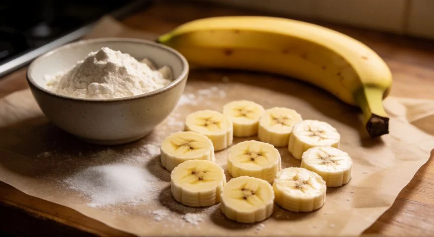 diferencia entre platano y banana, Ingredientes de repostería con rodajas de banana listas para hornear en una cocina doméstica