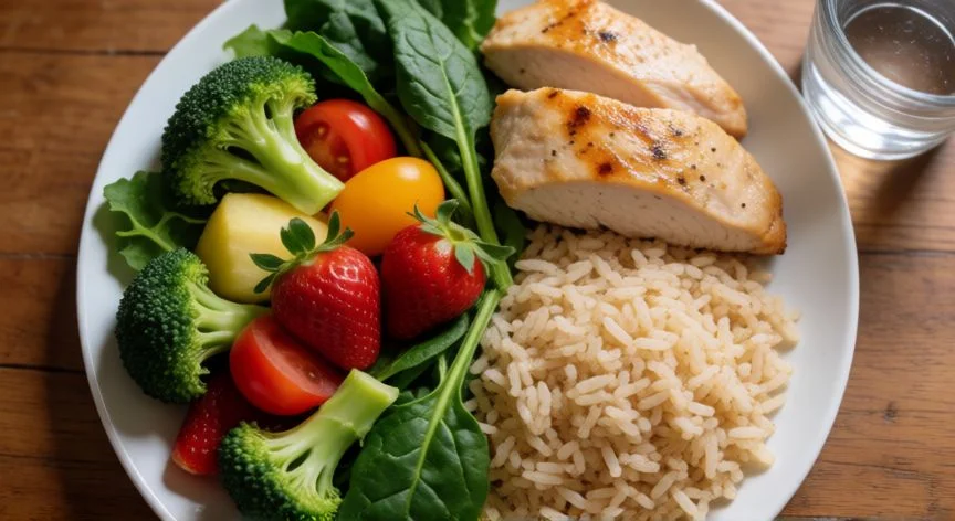 Plato del buen comer con secciones verde, amarilla y roja sobre mesa de madera