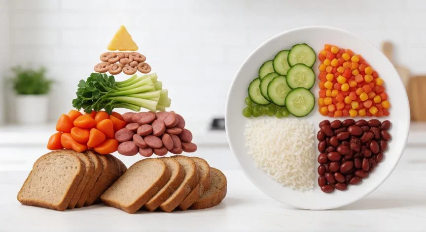 diferencia entre plato del buen comer y piramide alimenticia, Comparación visual entre la pirámide alimenticia y el plato del buen comer