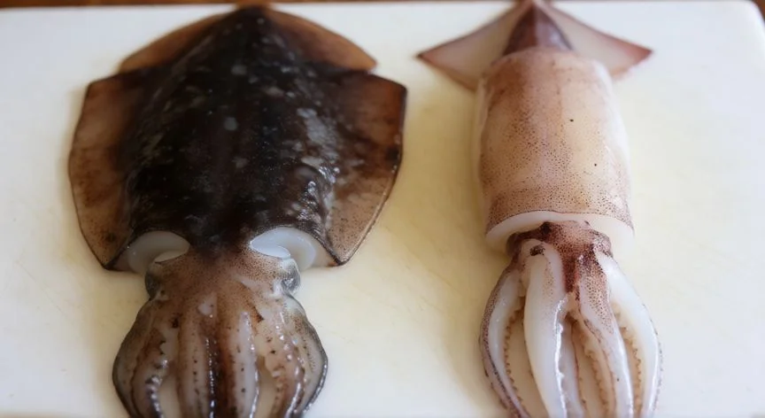 Comparación anatómica entre una pota cruda y un calamar crudo mostrando la diferencia en brazos