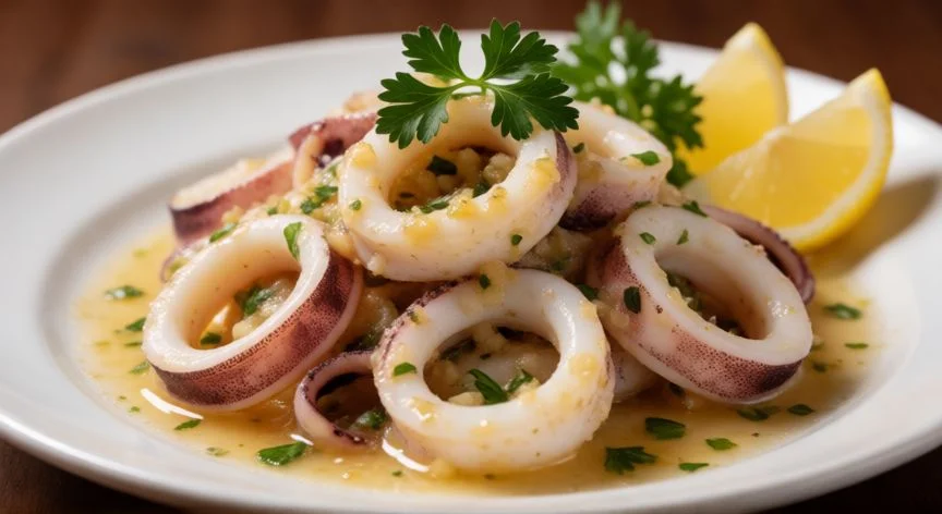 diferencia entre pota y calamar, Plato de anillas de calamar salteadas con salsa de ajo y guindilla servido en cocina mediterránea