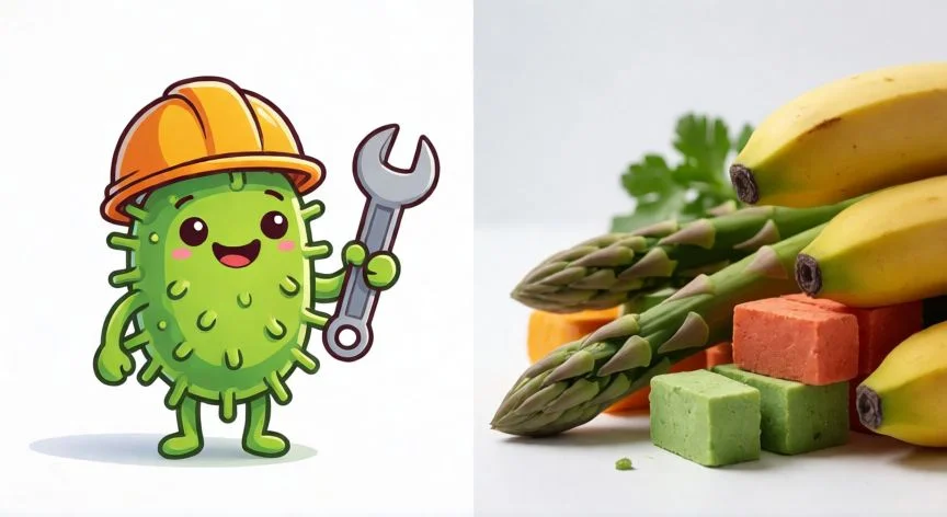 Ilustración conceptual mostrando la diferencia entre bacterias probióticas y fuentes de fibra prebiótica