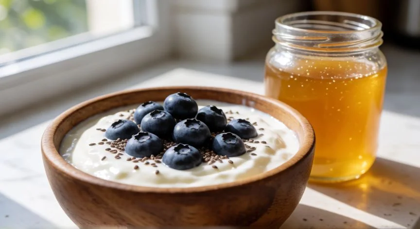 diferencia entre prebiotico y probiotico, Bowl de yogur con frutos rojos y jarabe de prebióticos sobre una mesa de cocina iluminada