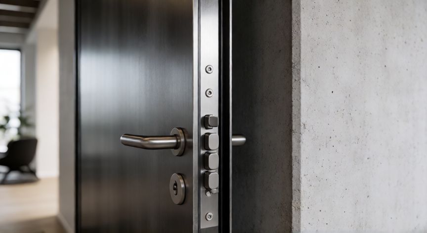 Detalle de instalación de puerta blindada con seguro perimetral en muro