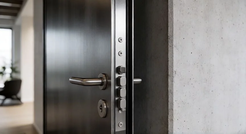 Detalle de instalación de puerta blindada con seguro perimetral en muro