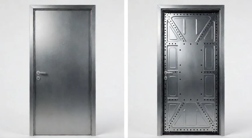 diferencia entre puerta blindada y acorazada, Comparativa visual de estructura interna entre puerta blindada y acorazada