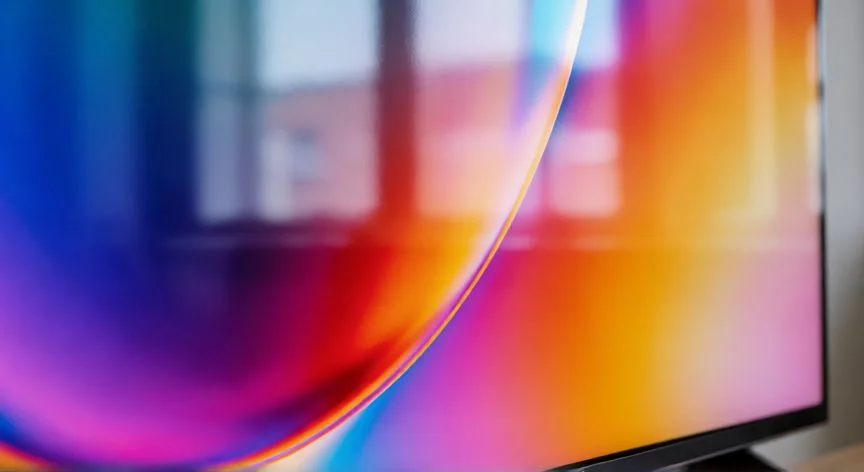 diferencia entre qled y qned, Detalle de pantalla QLED mostrando colores vibrantes y alta pureza cromática