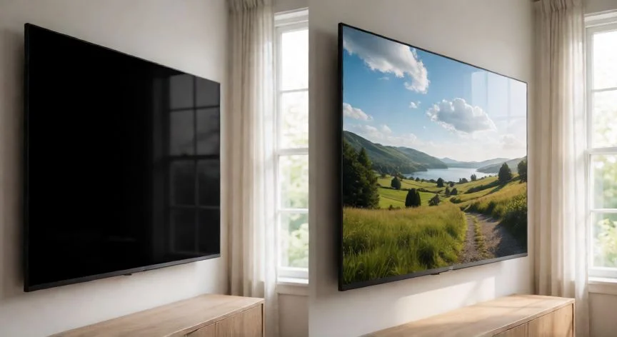 diferencia entre qled y qned, Comparativa visual entre televisores QLED y QNED en un salón moderno