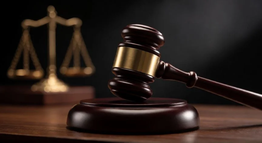 Mazo judicial sobre un banco de madera en una sala de vistas penal