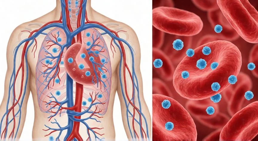 Diagrama médico ilustrando la distribución sistémica de la quimioterapia en el cuerpo humano