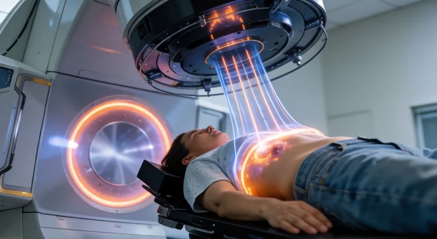 diferencia entre quimioterapia y radioterapia, Máquina de radioterapia dirigida con precisión a un área localizada del cuerpo del paciente