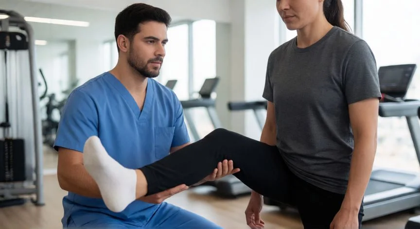 Fisioterapeuta guiando ejercicio terapéutico en clínica moderna