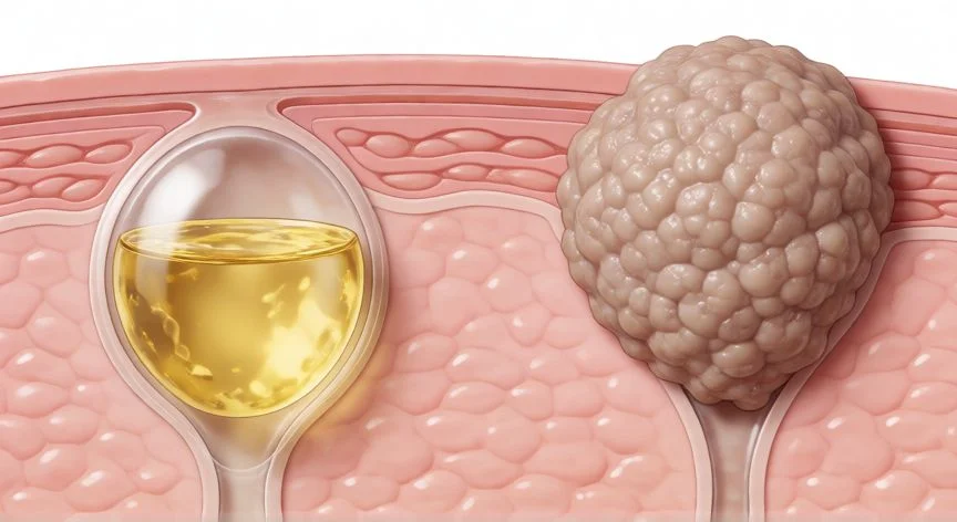 Ilustración médica comparando la estructura interna de un quiste y un tumor en el tejido cutáneo