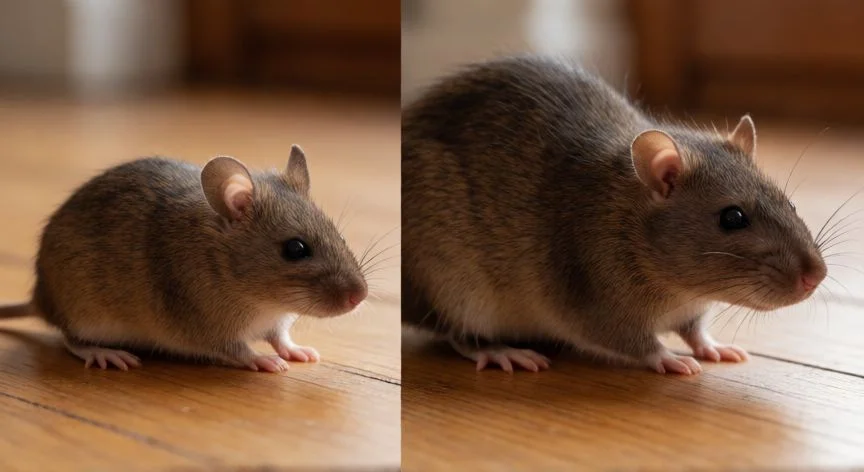 Rata parda y ratón doméstico comparados en tamaño sobre mesa de madera