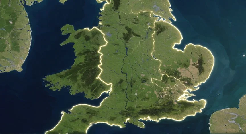 Vista aérea de la isla de Gran Bretaña mostrando Inglaterra, Escocia y Gales