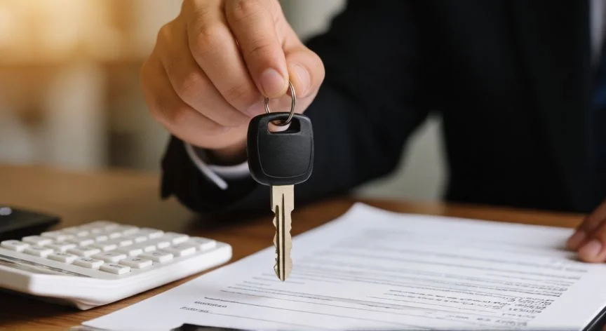 diferencia entre renting y leasing, Manos sosteniendo llaves de coche junto a documentos financieros para ilustrar el leasing