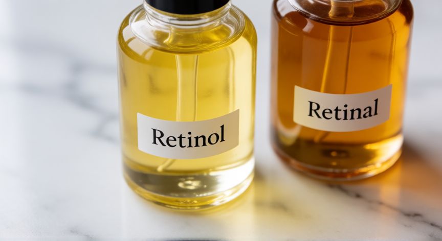 Comparación visual de frascos de retinol y retinal sobre superficie de mármol