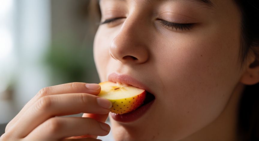 Persona disfrutando lentamente de un bocado de fruta con expresión de placer