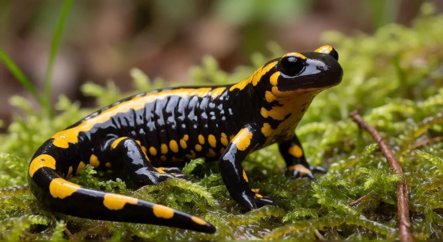 Fotografía realista de una salamandra común con rayas amarillas sobre musgo húmedo en un bosque