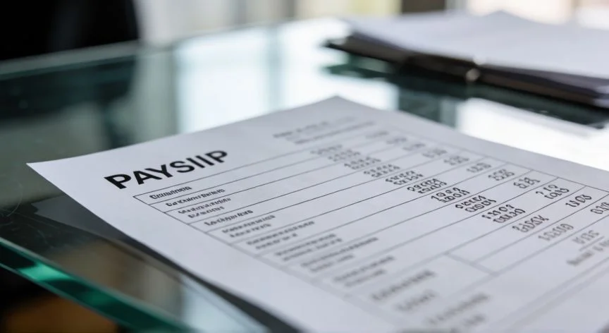Detalle de una nómina sobre un escritorio de oficina mostrando conceptos salariales