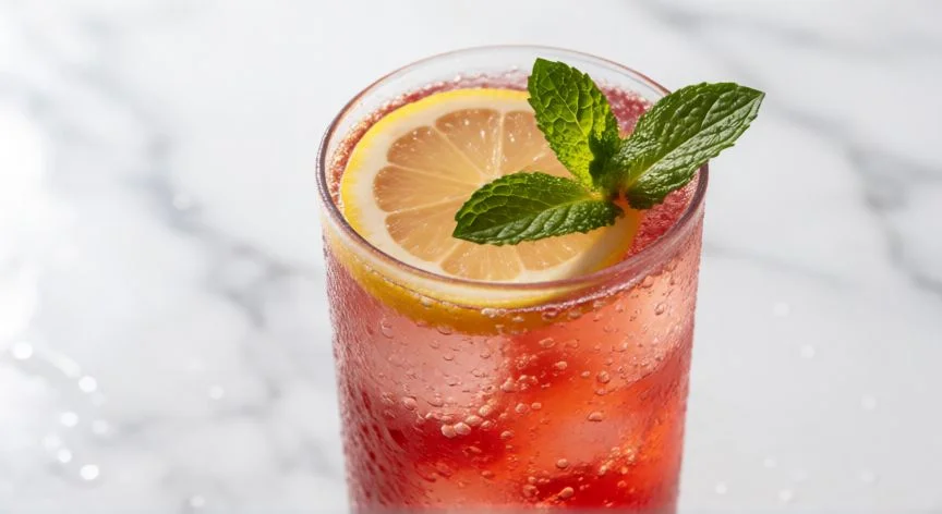 diferencia entre sangria y tinto de verano, Vaso alto de tinto de verano con burbujas y rodaja de limón
