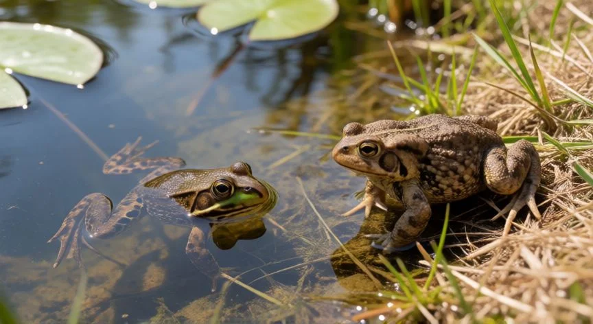 diferencia entre sapo y rana, Rana nadando en un estanque y sapo caminando en la hierba mostrando sus hábitats