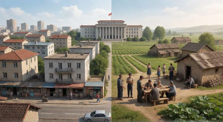 diferencia entre socialismo y comunismo, Ilustración comparativa de sociedades socialistas y comunistas mostrando la estructura urbana y rural