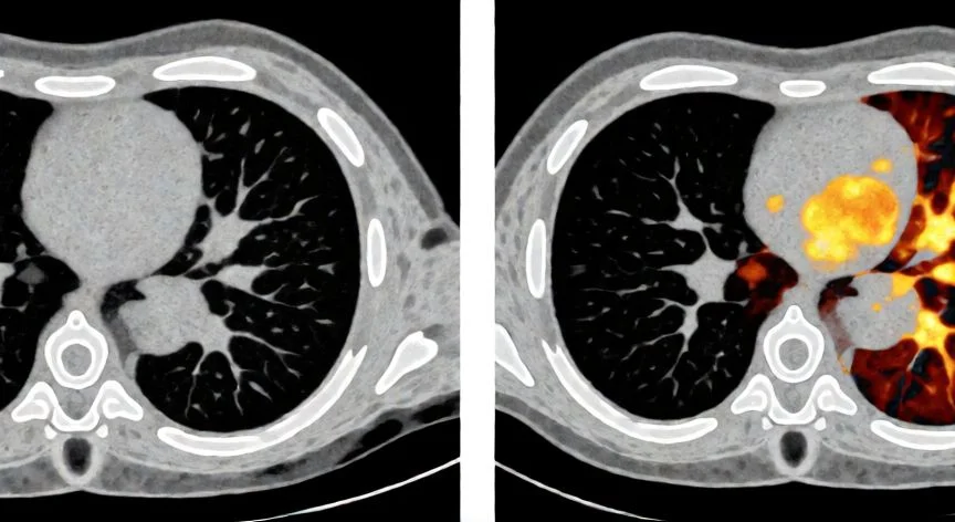Comparativa visual entre una TAC estructural y una PET TAC funcional mostrando actividad metabólica
