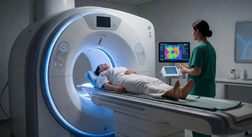 diferencia entre tac y pet tac, Paciente ingresando en un escáner de resonancia PET TAC en un hospital moderno