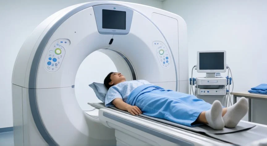 diferencia entre tac y resonancia magnética, Paciente realizándose una prueba de tomografía computarizada en un hospital moderno