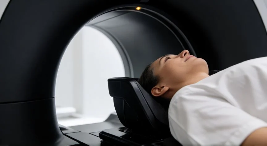 diferencia entre tac y resonancia magnética, Vista interior de una máquina de resonancia magnética con un paciente tumbado