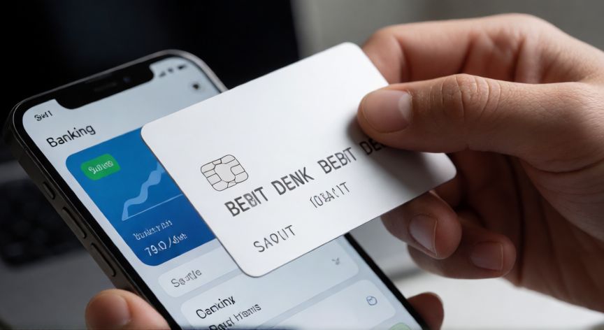 Persona sosteniendo una tarjeta de débito moderna frente a una aplicación bancaria en su teléfono