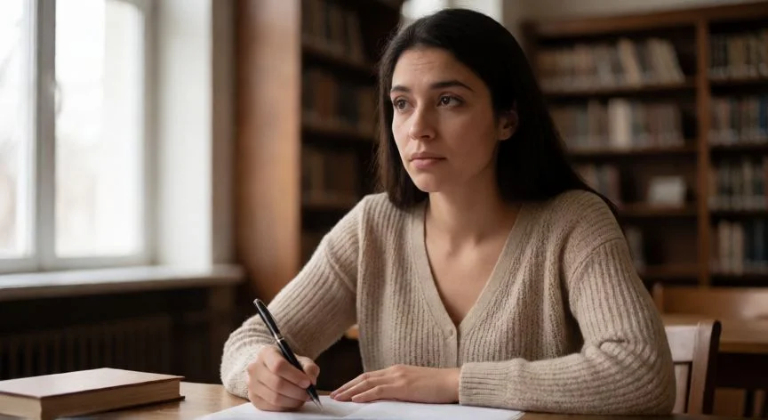 Mujer adulta mostrando síntomas de falta de atención en un entorno de estudio