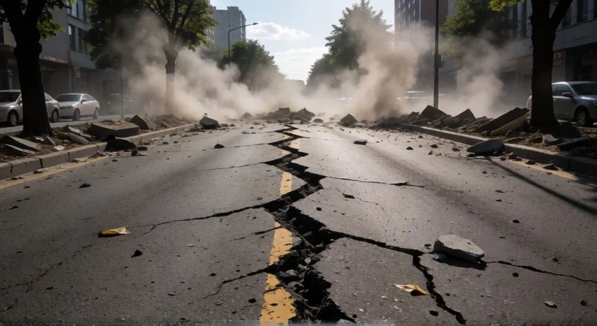 diferencia entre temblor y terremoto, Vista realista de una calle urbana agrietada por un terremoto fuerte con escombros