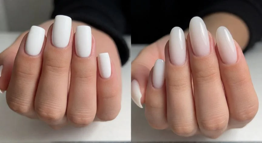 diferencia entre uñas de gel y acrilicas, Comparación visual entre uñas acrílicas cuadradas y uñas de gel ovaladas en estudio profesional