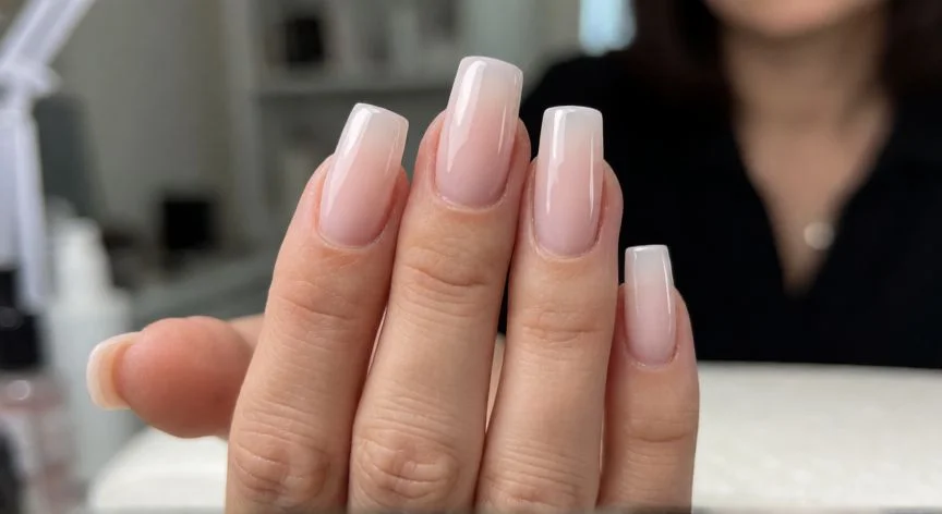 Detalle de manos con uñas acrílicas largas y brillantes en salón de belleza