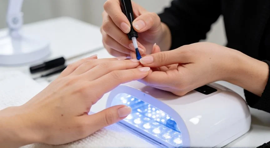diferencia entre uñas permanentes y semipermanentes, Profesional aplicando esmalte semipermanente con lámpara UV en salón