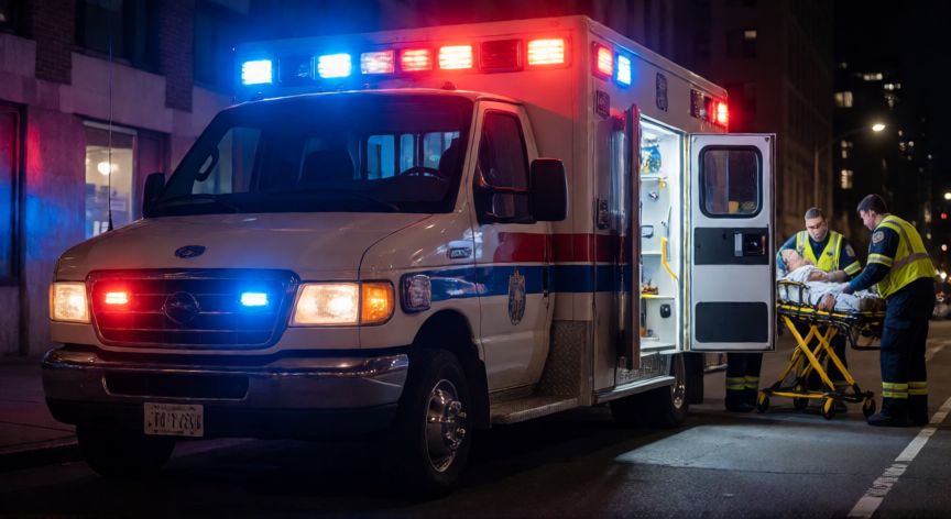 Ambulancia con luces de emergencia activas atendiendo a un paciente en la calle