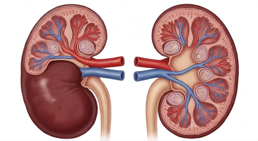 Ilustración médica de la anatomía interna de los riñones enfocada en la función renal