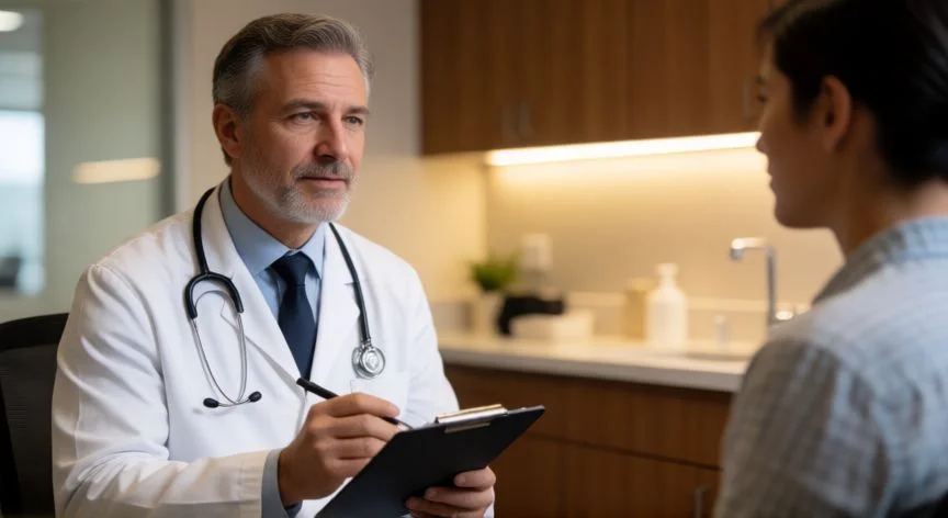 diferencia entre urólogo y nefrólogo, Médico urólogo consultando a un paciente en una clínica moderna