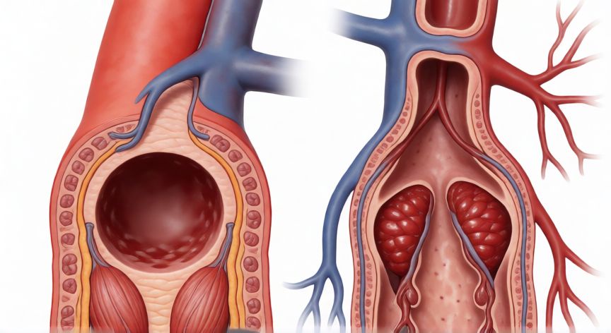 Comparación anatómica de la estructura en corte transversal de una arteria y una vena